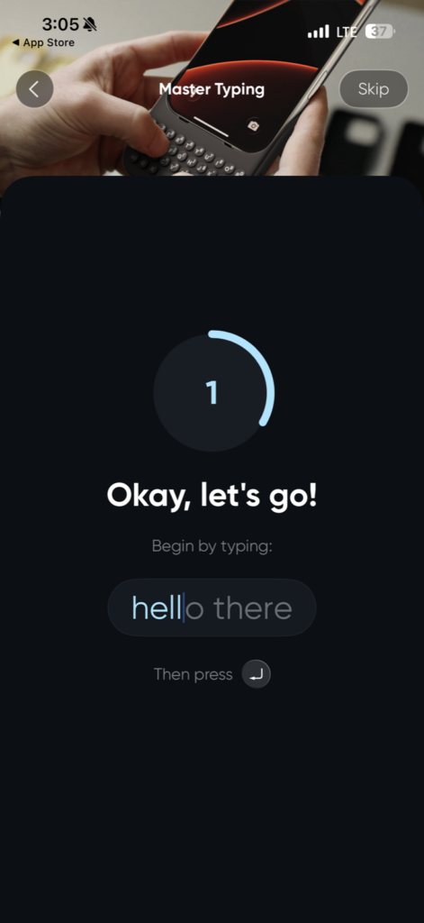 Clicks 앱에서 영문 문장을 입력하며 파워 키보드 타자를 연습하는 화면